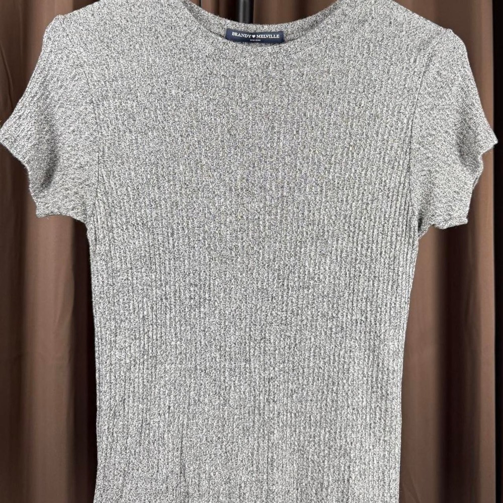 Brandy Melville Grey Ribbed Short Sleeve Crew Neck Top Heathered Marl Tee
